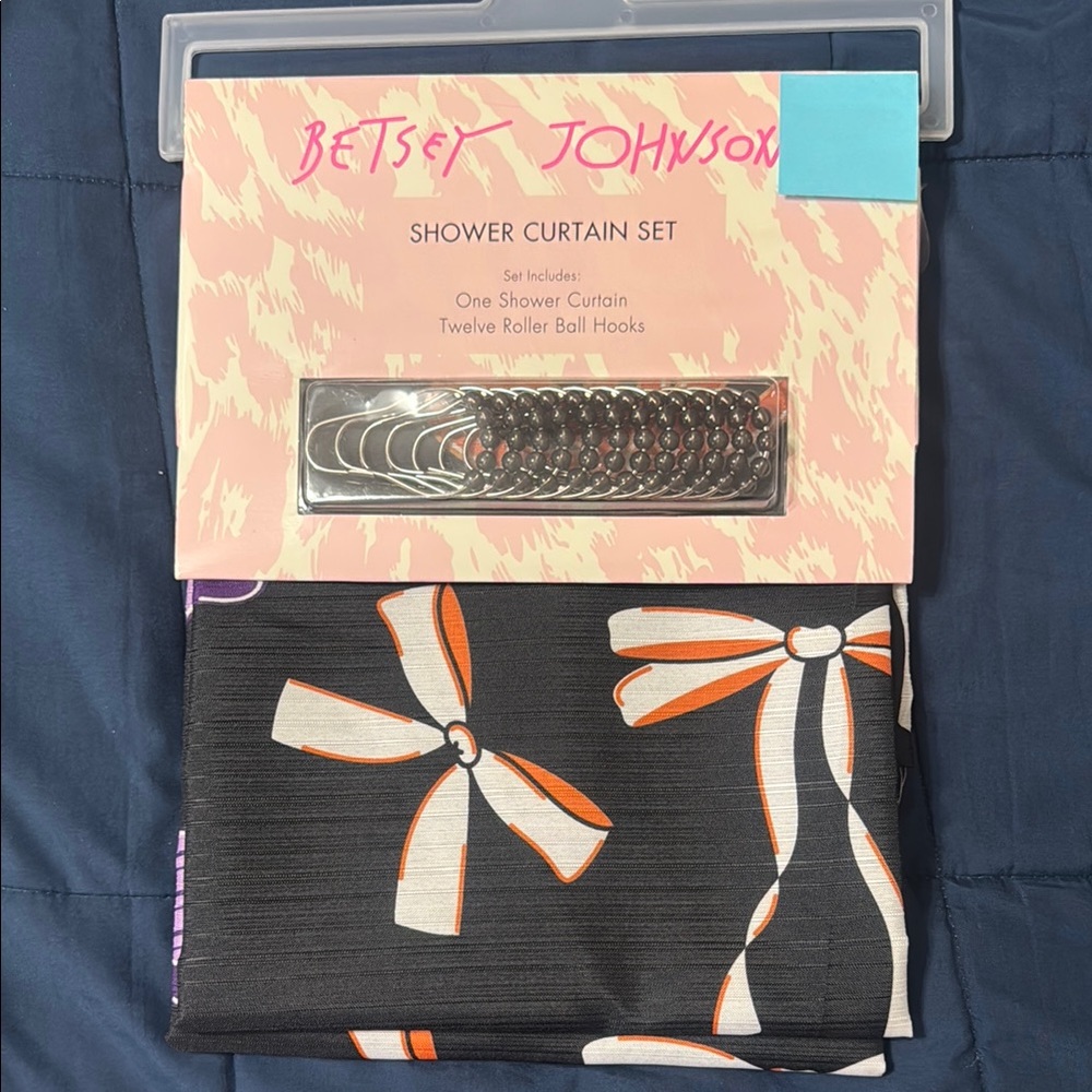 Betsey Johnson Halloween Black Shower Curtain with Orange/Purple and White Bows